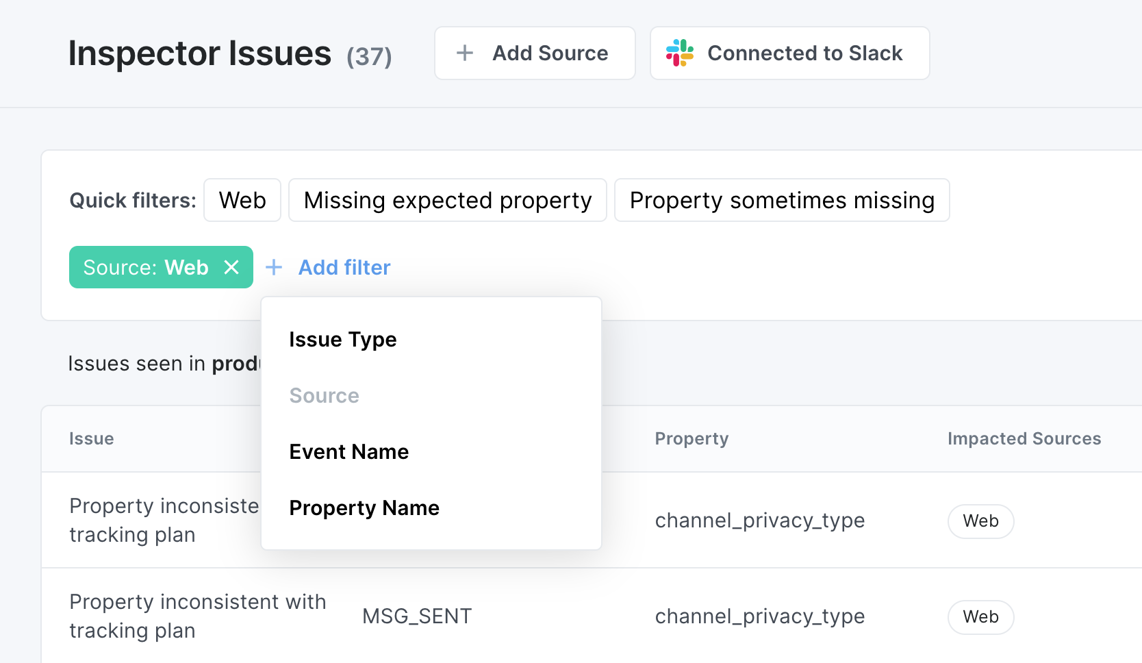 Image shows the inspector Issues table ordered by issue volume and filtered by Web source.